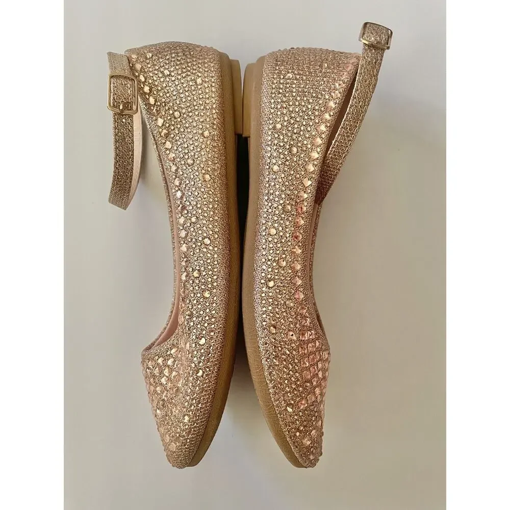 Link Comfort Rose Gold Sparkle Bejeweled Ankle Strap Ballet Flat Shoes Size 4